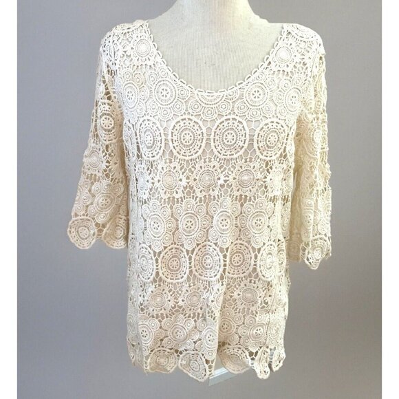 Vintage Creative Design Works Crochet Top Petite L Ivory Lined Sheer Romantic - Picture 1 of 9
